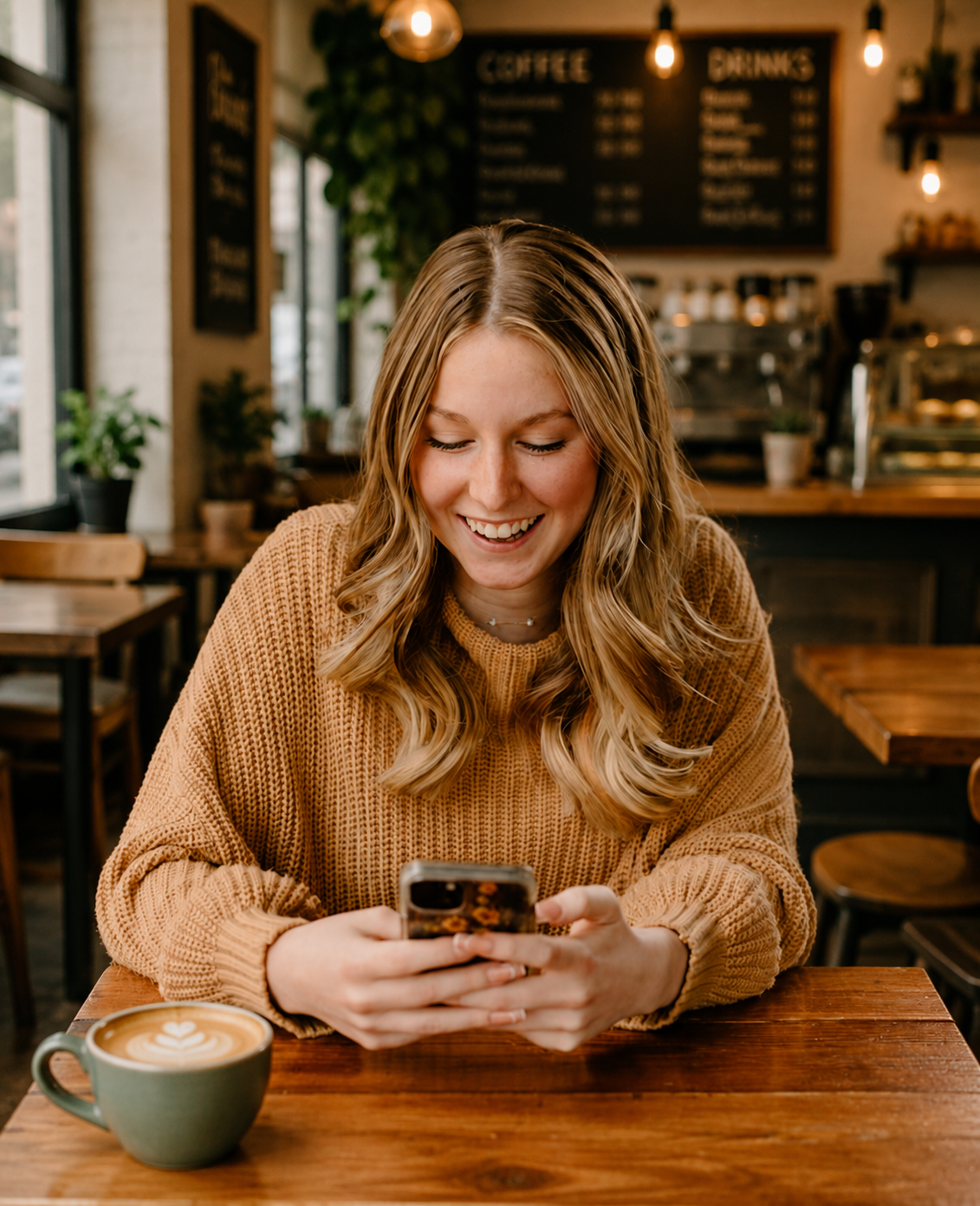 A resident browsing Hill Town on her phone at a local café